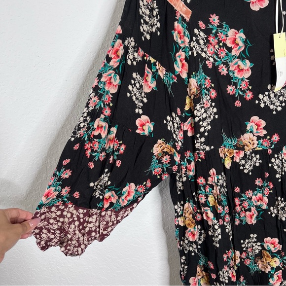 Uncle Frank Dress Women’s Small Medium Floral Sheath Raglan Boho Velvet Trim B17 - Picture 2 of 10